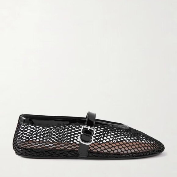 Patent leather-trimmed mesh ballet flats